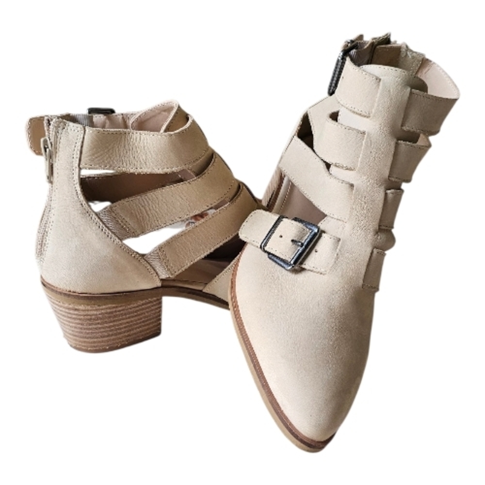 Crevo Beige Suede Cutout Ankle Boots with Buckle